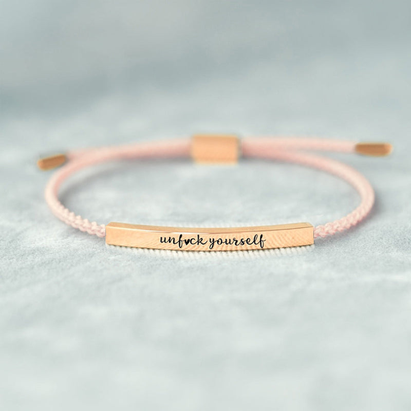 Blaudonau- Armband „UNF CK YOURSELF“ Roségold + rosa Seil + Karte