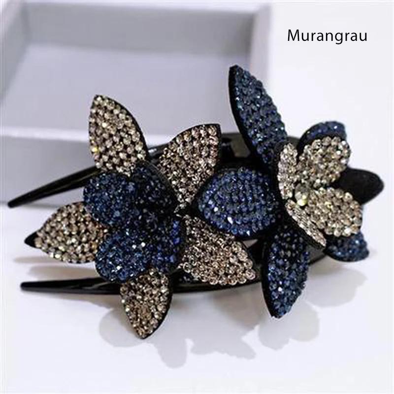 Blaudonau- Strass Doppelblume Haarspange Murangrau