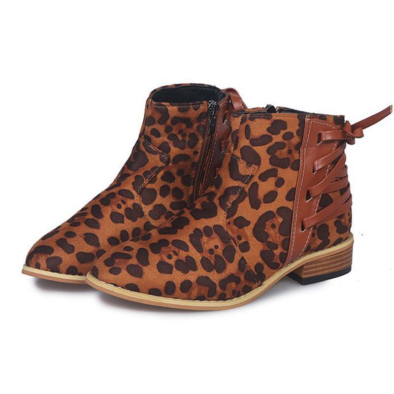 Blaudonau- Damen Modischer Stiefel mit Schnür und Reißverschluss Leopard