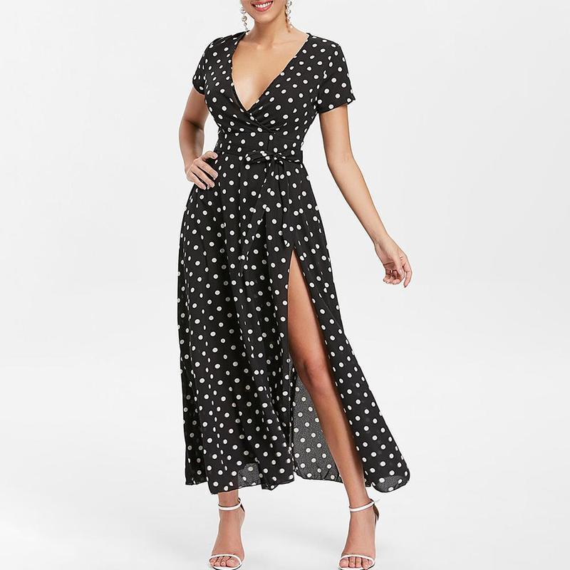 Blaudonau- Gürtel Polka Dot Maxi Kleid SCHWARZ