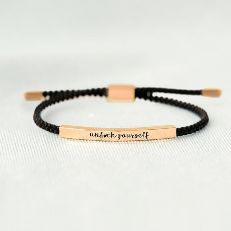 Blaudonau- Armband „UNF CK YOURSELF“ Roségold + schwarzes Seil + Karte