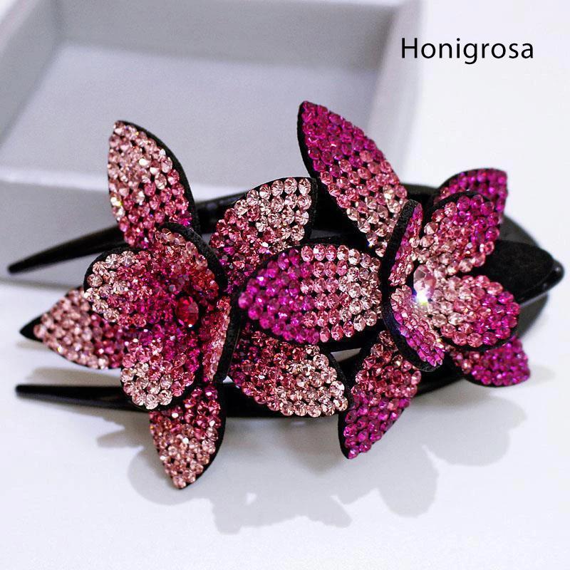 Blaudonau- Strass Doppelblume Haarspange Honigrosa