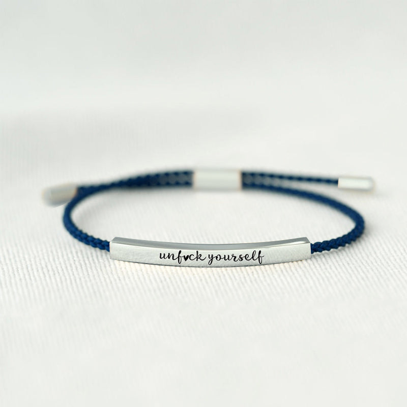 Blaudonau- Armband „UNF CK YOURSELF“ Silber + blaues Seil + Karte