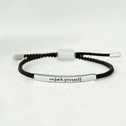 Blaudonau- Armband „UNF CK YOURSELF“ Silber + schwarzes Seil + Karte