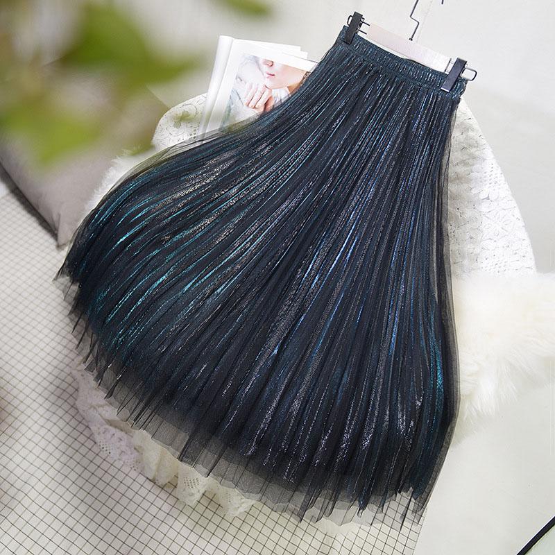 Blaudonau- Glänzender Seidenrock mit hoher Taille Streamer Blau