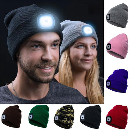 Blaudonau- Abziehbar LED Stirnlampe Beanie Mütze Hellgrau