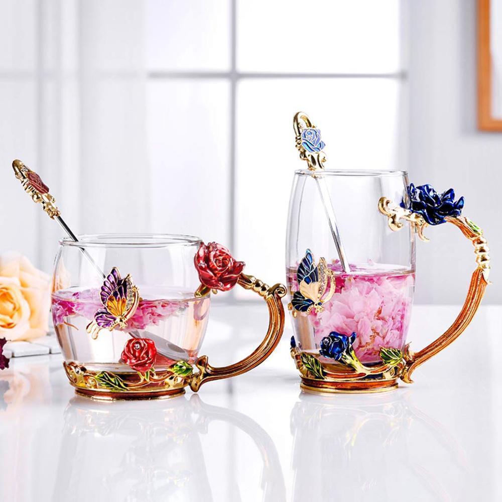 Blaudonau- Handgemachte 3D Emaille Blumen Glas Kaffeetasse mit Löffel