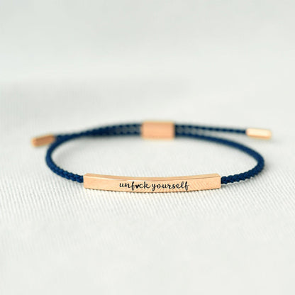 Blaudonau- Armband „UNF CK YOURSELF“ Roségold + blaues Seil + Karte