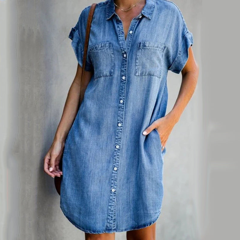 Blaudonau- Lässiges Kurzarm Denim Kleid Blau