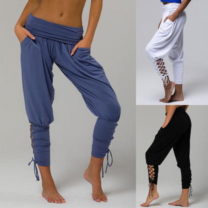 Blaudonau- Schnürbinde elastische Taille Jogger Pants Yoga Leggings Schwarz S