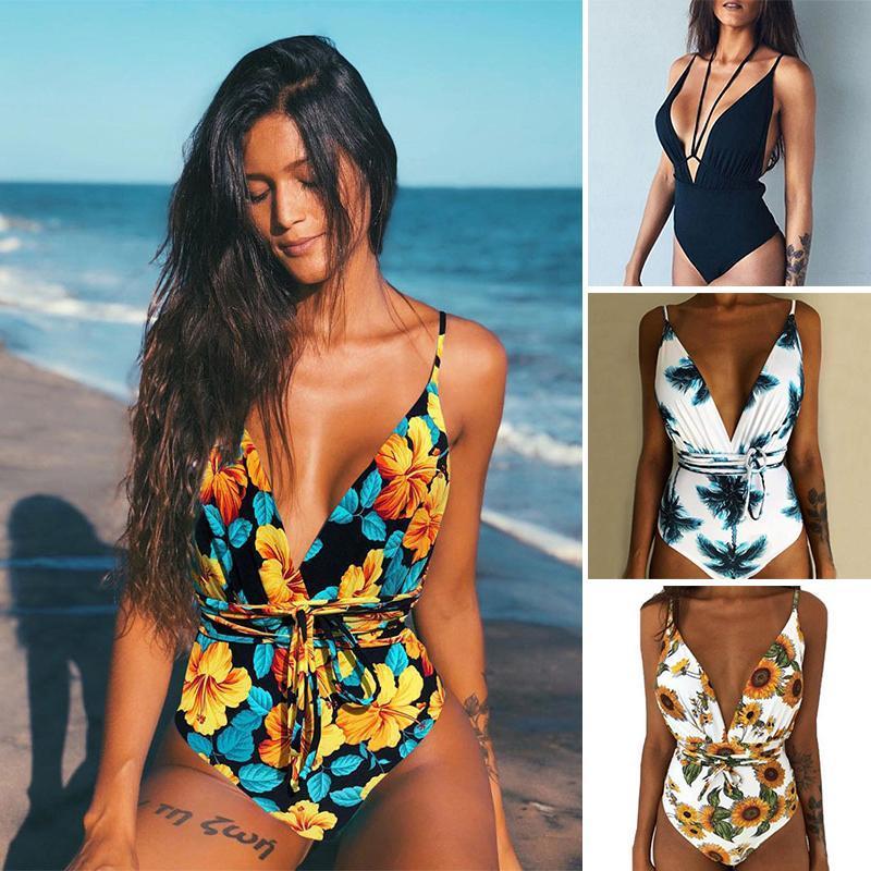 Blaudonau- Frauen Multi-Floral bedruckte Einteiler Bikini SCHWARZ