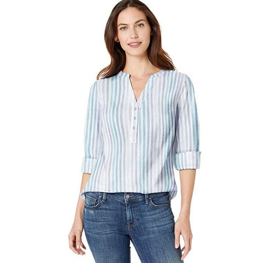 Blaudonau- Langarm-Baumwoll-Popover-Shirt Für Damen