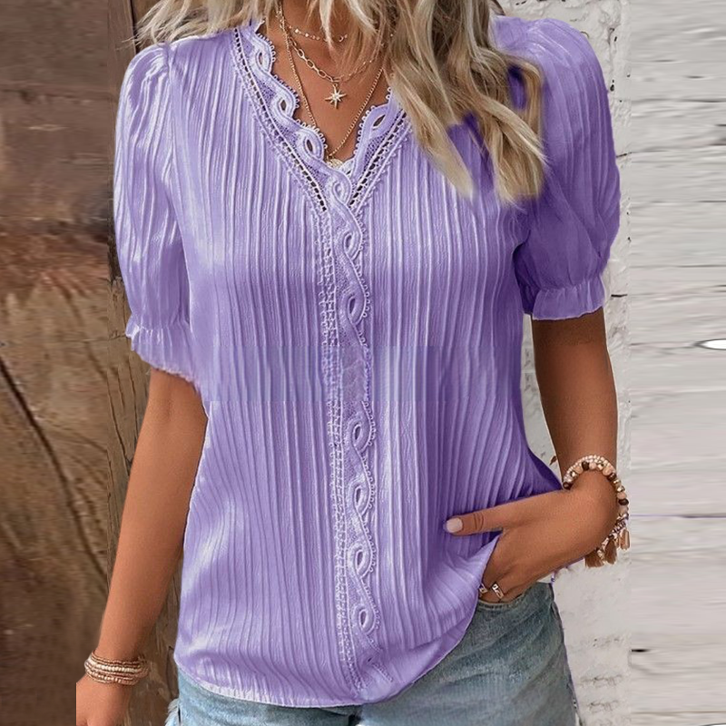 Blaudonau- V Neck Plain Lace Elegant Shirt