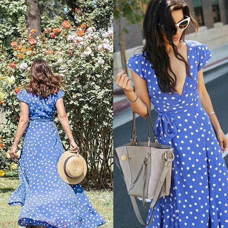 Blaudonau- Gürtel Polka Dot Maxi Kleid BLAU