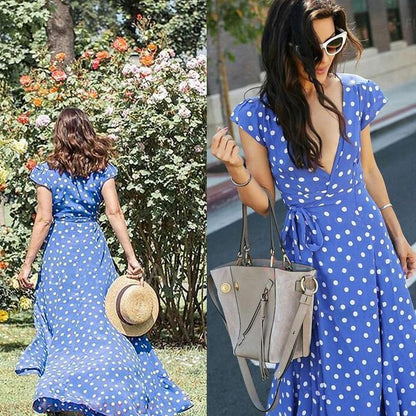 Blaudonau- Gürtel Polka Dot Maxi Kleid BLAU