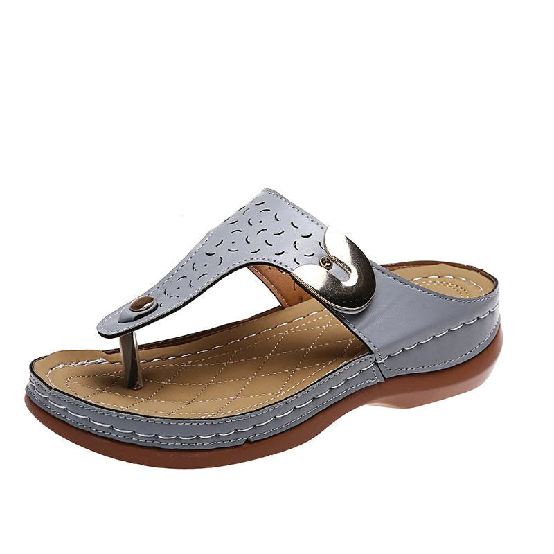 Blaudonau- 2022 Neue Damen-Metalldekor-Funktionsmuster-Keil-Flip-Flops