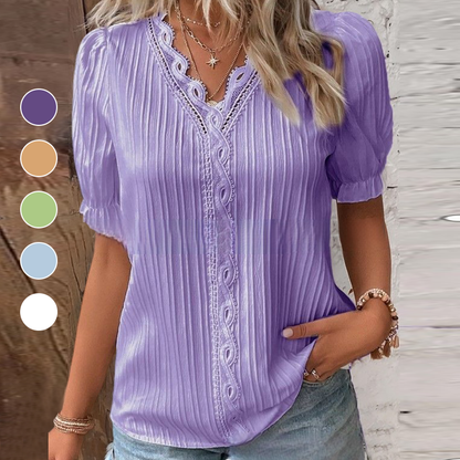 Blaudonau- V Neck Plain Lace Elegant Shirt