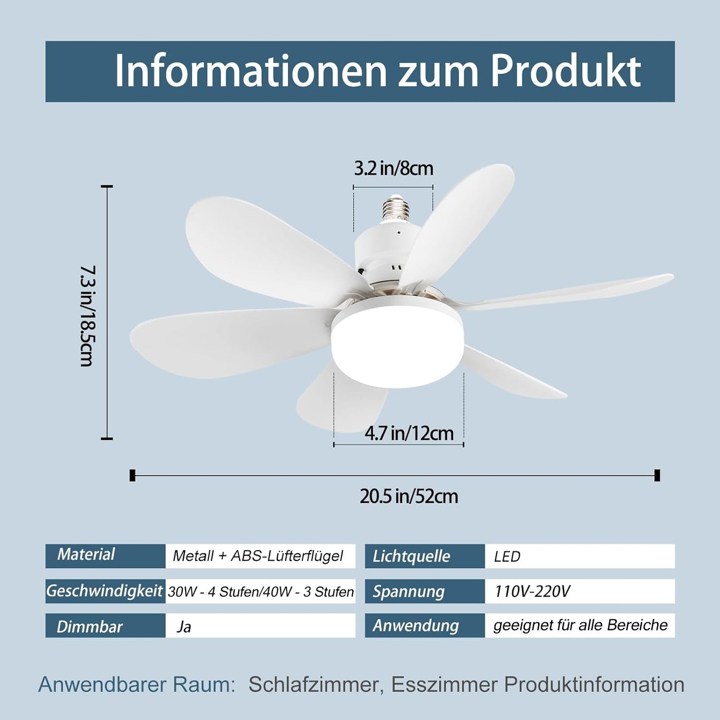 Blaudonau- Deckenventilator mit Licht