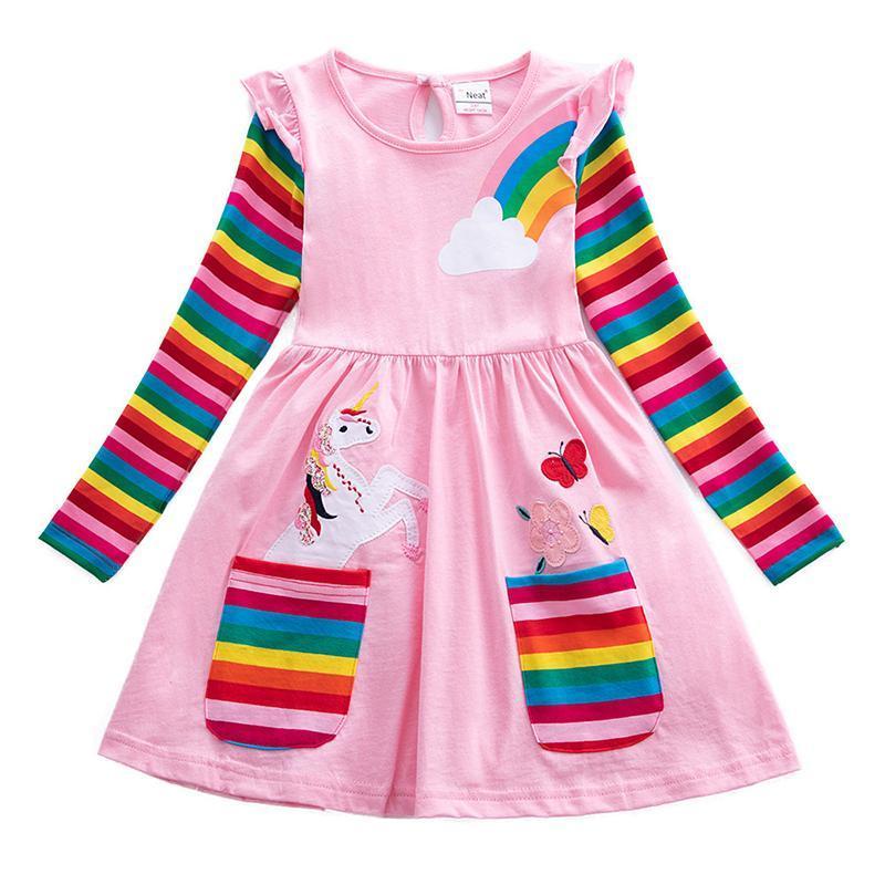 Blaudonau- Mädchen Einhorn-Regenbogen-Streifen Kleid