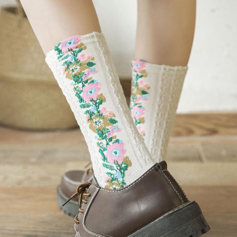 Blaudonau- Vintage Socken mit Blumenstickerei (5 Paar) 5 Paar (5 Weiß)