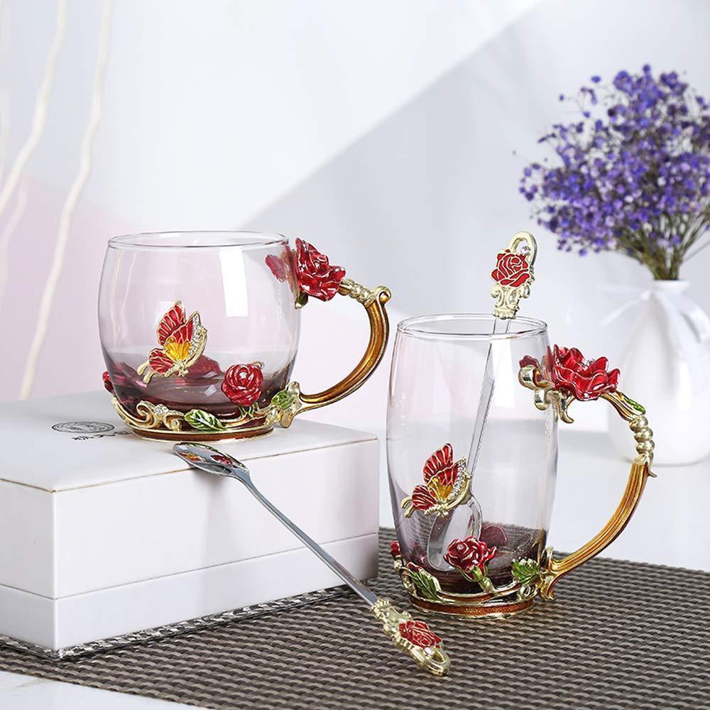 Blaudonau- Handgemachte 3D Emaille Blumen Glas Kaffeetasse mit Löffel