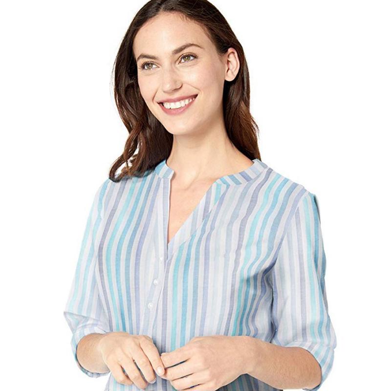 Blaudonau- Langarm-Baumwoll-Popover-Shirt Für Damen