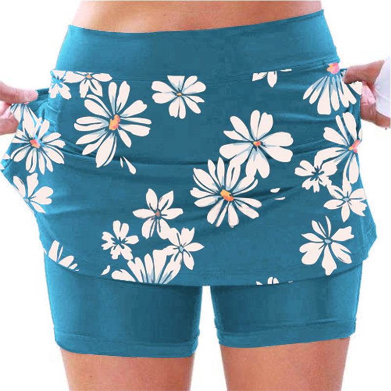 Blaudonau- Mittelhohe Jogginghose mit Gänseblümchen-Print für Damen mit Seitentaschen Blau