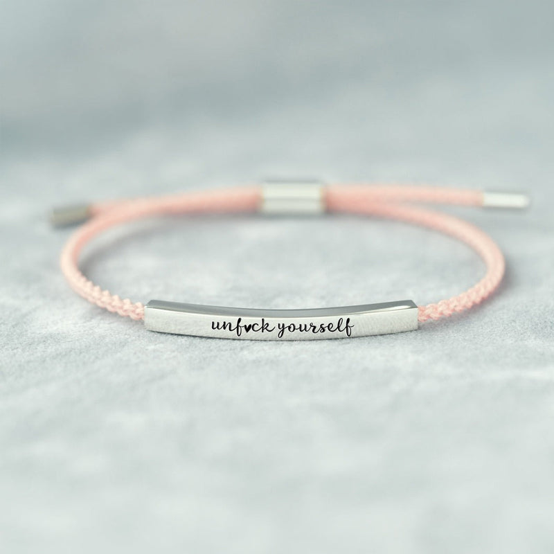 Blaudonau- Armband „UNF CK YOURSELF“ Silber + rosa Seil + Karte