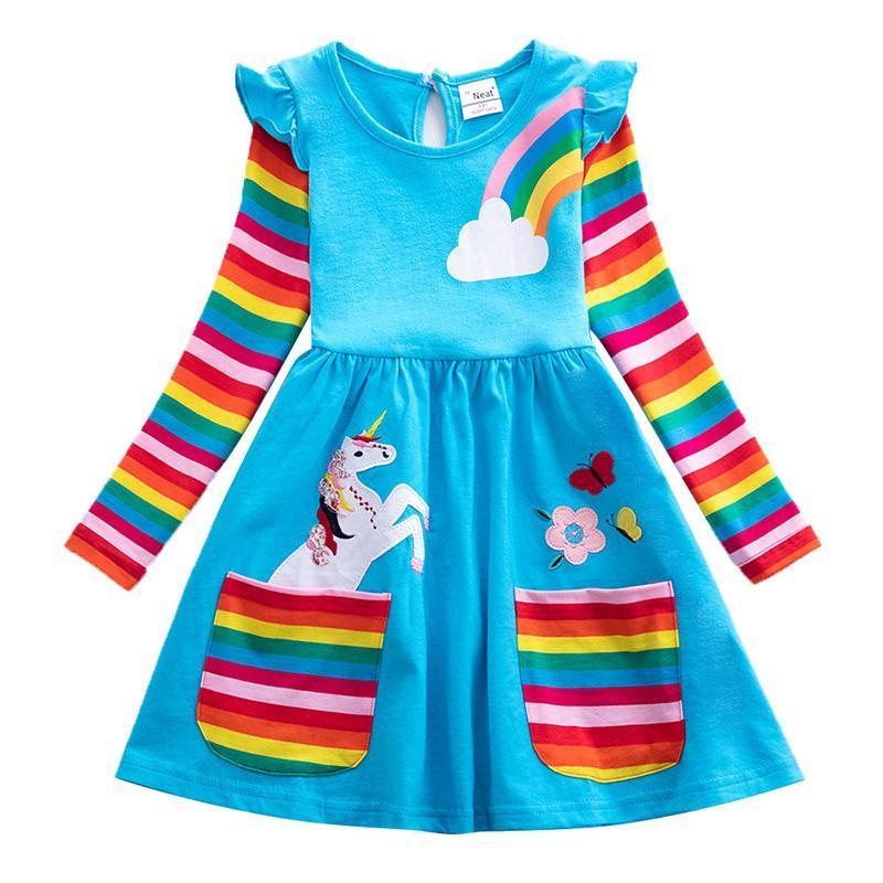 Blaudonau- Mädchen Einhorn-Regenbogen-Streifen Kleid