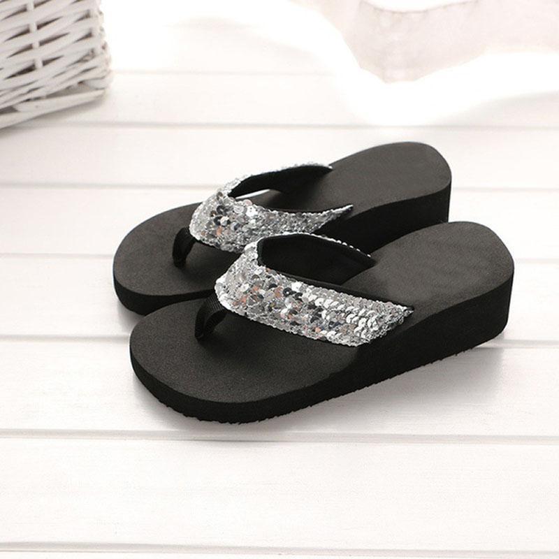 Blaudonau- Die neuesten Sommer-Pailletten der Frauen 2018 rutschfeste Sandalen Slipper Flip-Flops für Indoor Outdoor SILBER