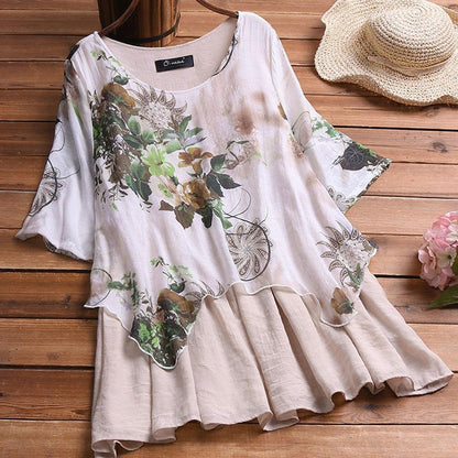 Blaudonau- Damen Blumen Bedruckte Bluse / Kleid in Übergröße Beige