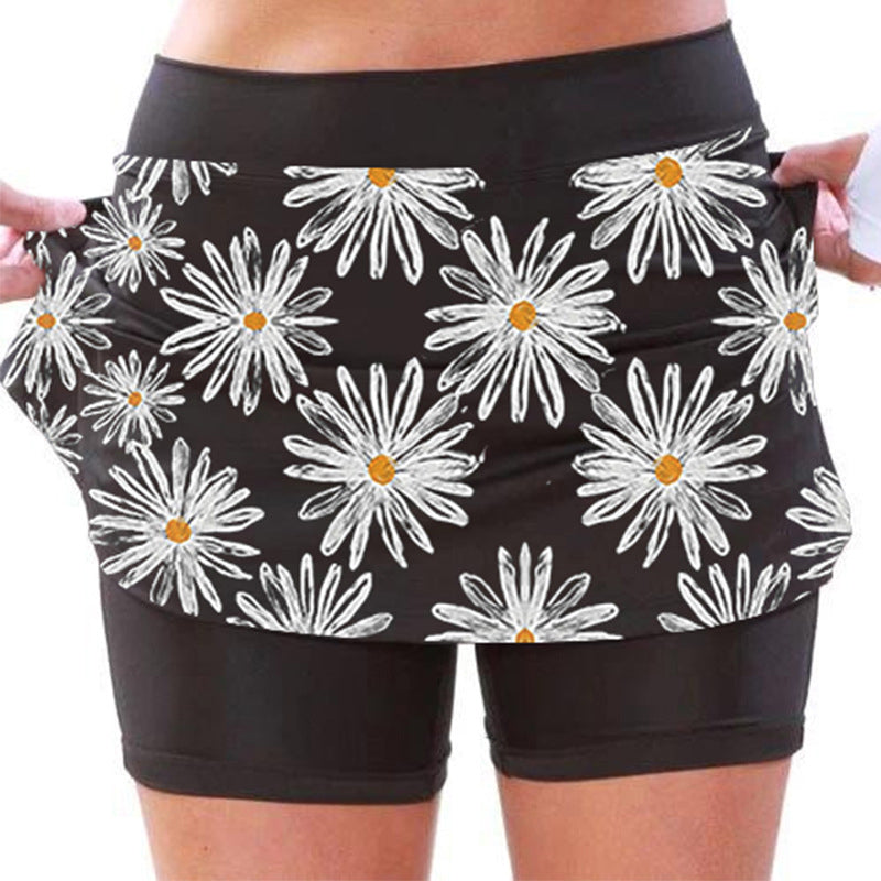 Blaudonau- Mittelhohe Jogginghose mit Gänseblümchen-Print für Damen mit Seitentaschen Große schwarze Blume