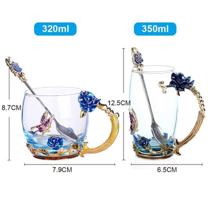 Blaudonau- Handgemachte 3D Emaille Blumen Glas Kaffeetasse mit Löffel