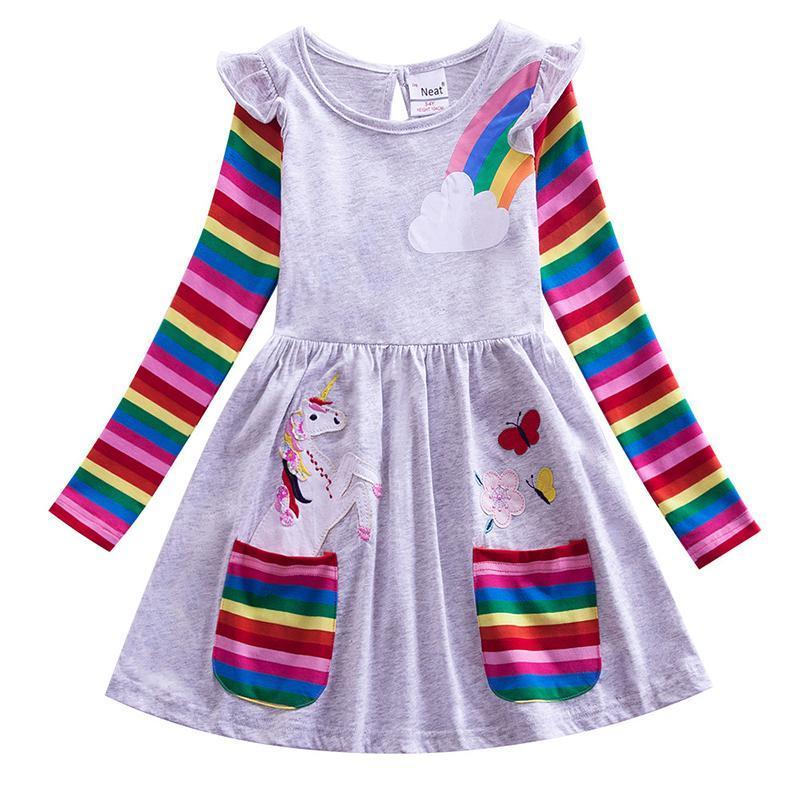 Blaudonau- Mädchen Einhorn-Regenbogen-Streifen Kleid