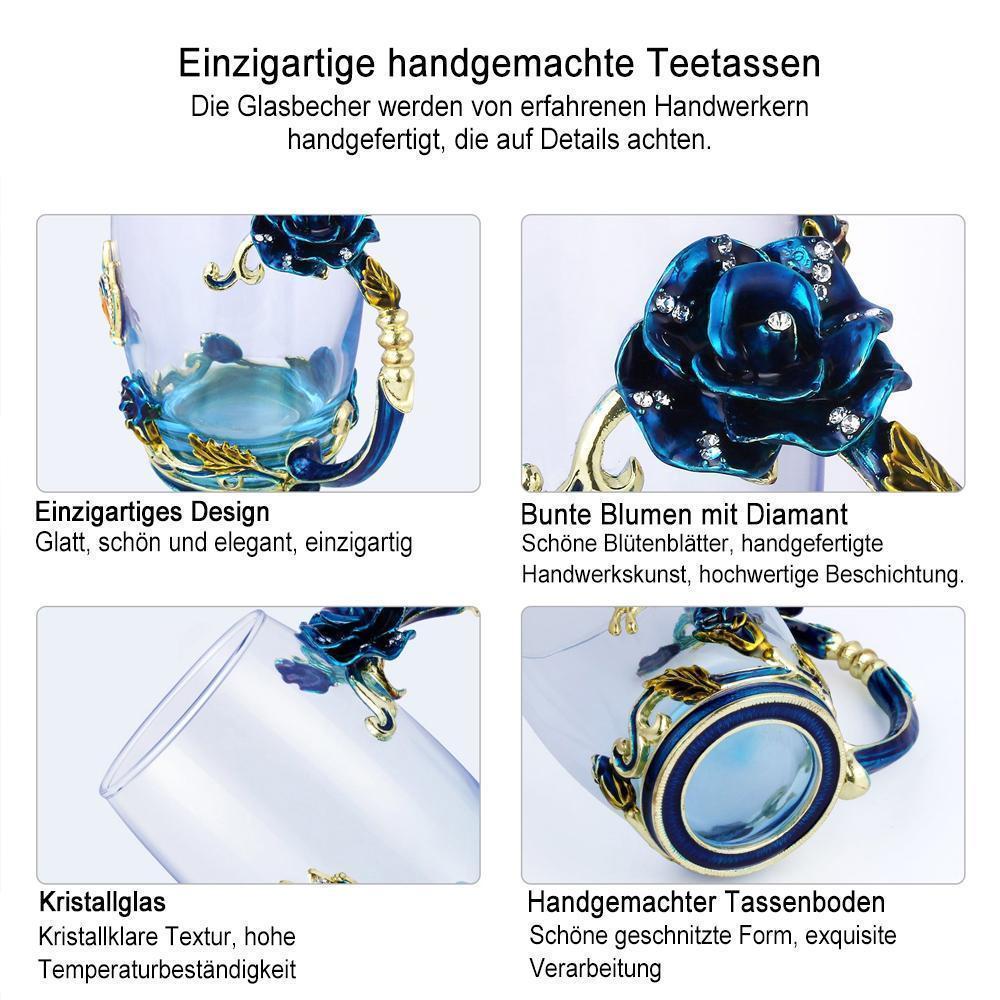 Blaudonau- Handgemachte 3D Emaille Blumen Glas Kaffeetasse mit Löffel