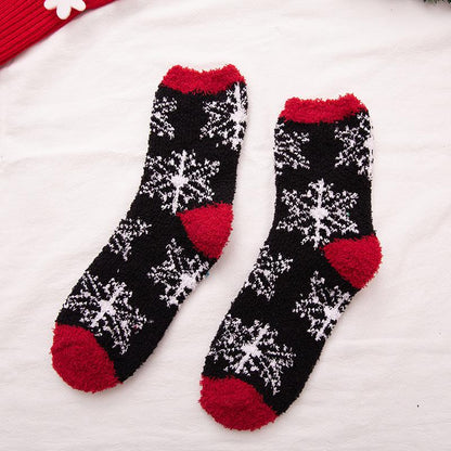 Blaudonau- Frauen Weihnachten Plüsch Socken schwarze Schneeflocken