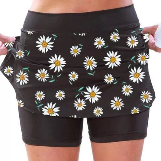 Blaudonau- Mittelhohe Jogginghose mit Gänseblümchen-Print für Damen mit Seitentaschen Schwarze Gänseblümchen