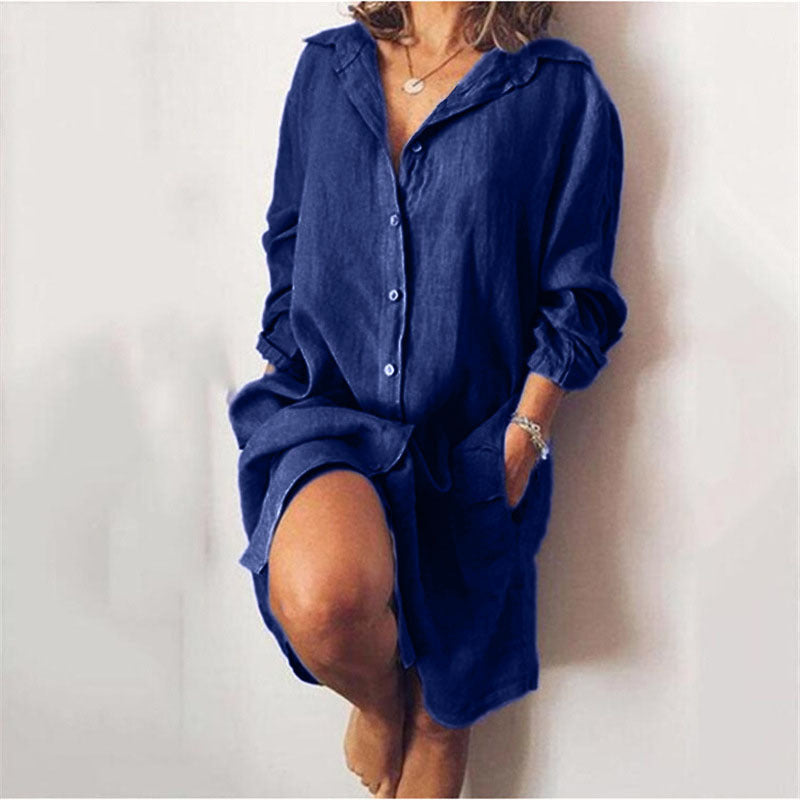 Blaudonau- Lässiges Damen-Hemdkleid in reiner Farbe Navy blau