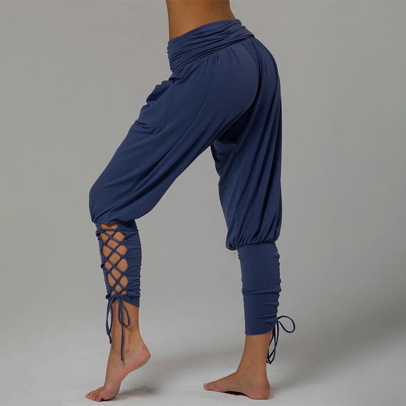 Blaudonau- Schnürbinde elastische Taille Jogger Pants Yoga Leggings Grün S