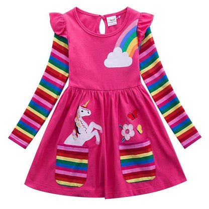 Blaudonau- Mädchen Einhorn-Regenbogen-Streifen Kleid