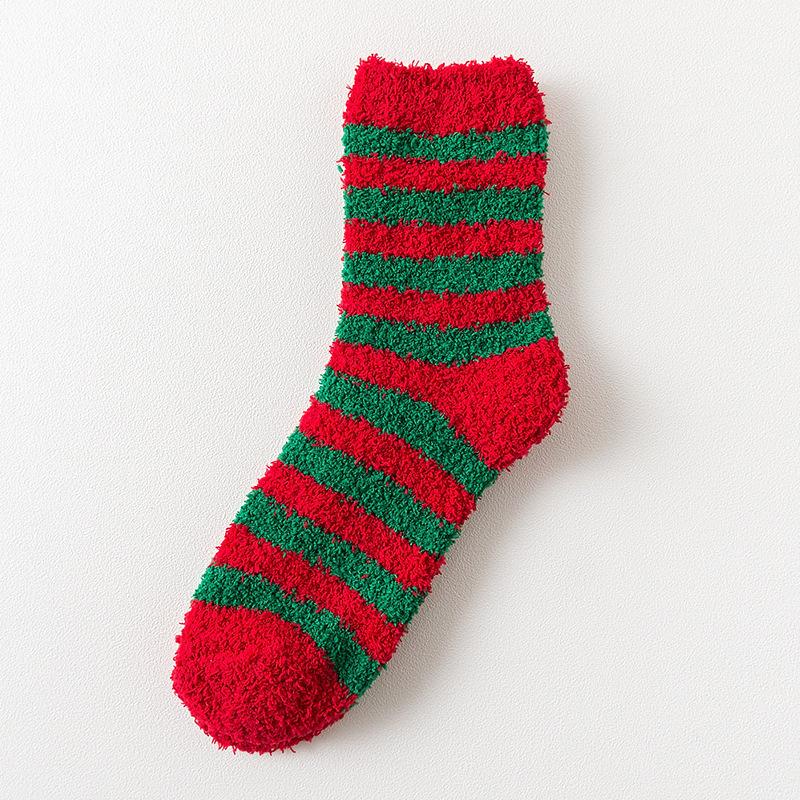 Blaudonau- Frauen Weihnachten Plüsch Socken rote und grüne Streifen