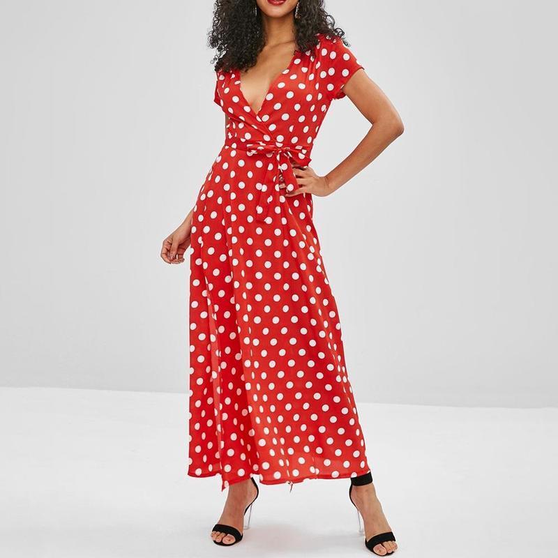 Blaudonau- Gürtel Polka Dot Maxi Kleid ROT