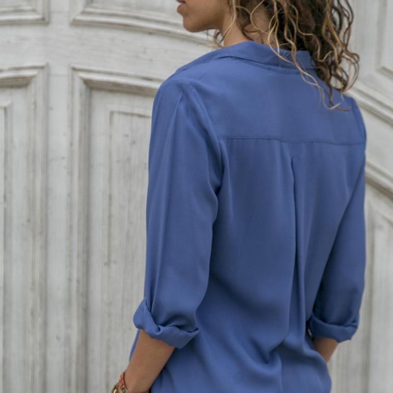 Blaudonau- Damen langärmelige Chiffon Bluse mit Stehkragen Gelb