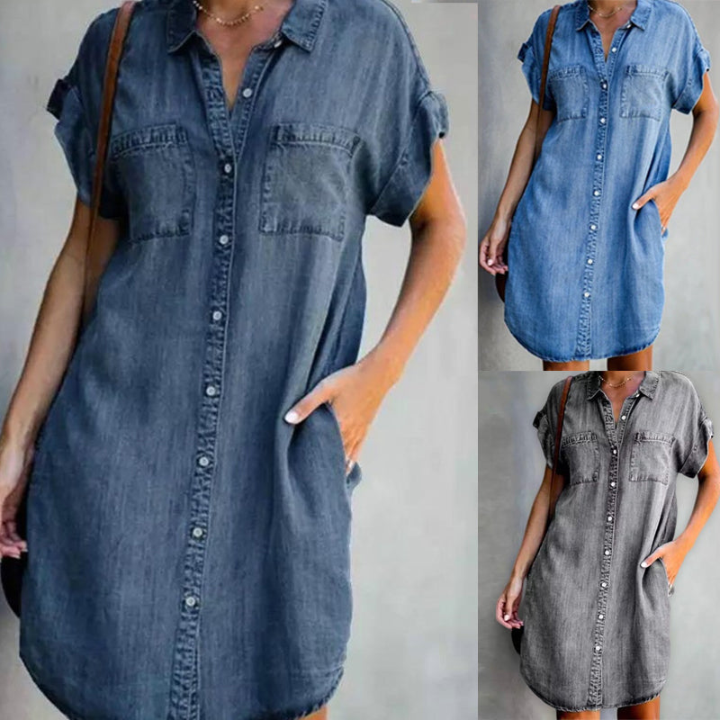 Blaudonau- Lässiges Kurzarm Denim Kleid