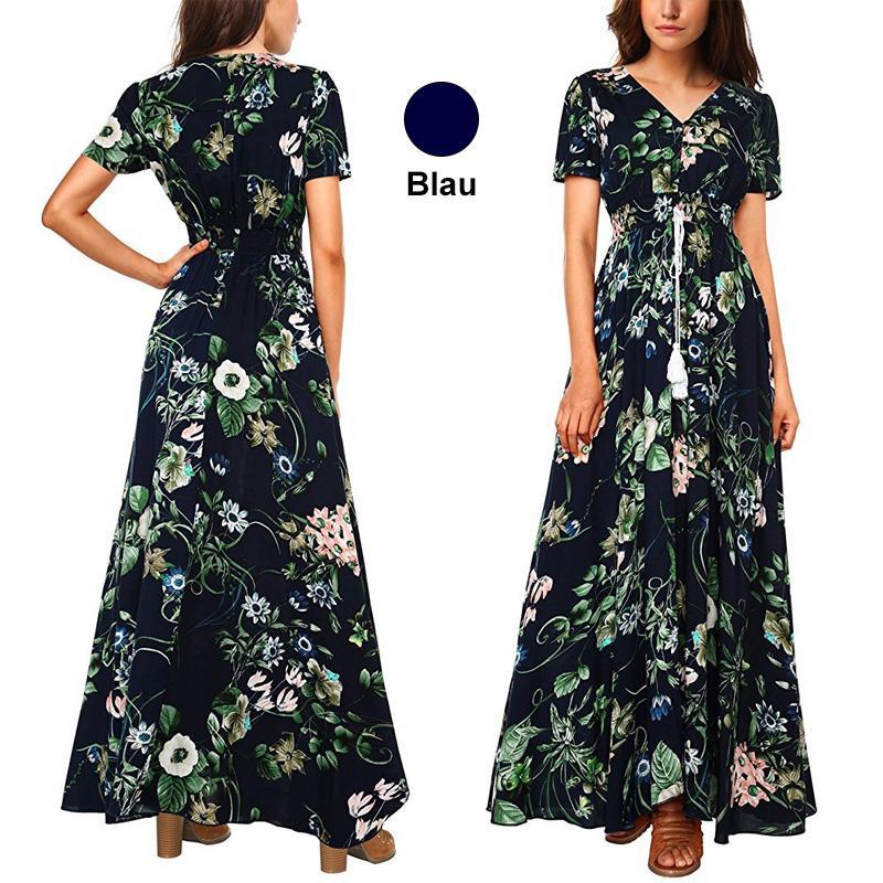 Blaudonau- New Bohemian retro ethnischen Stil Urlaub Wind V-Ausschnitt losen langen Kleid langen Rock