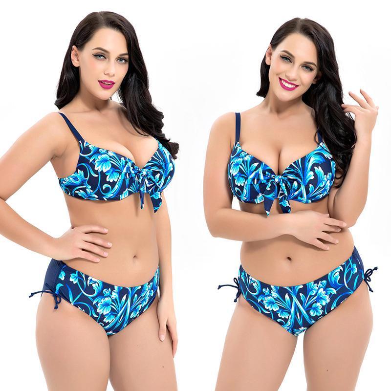 Blaudonau- Großer bedruckter Bikini mit hoher Taille Blau