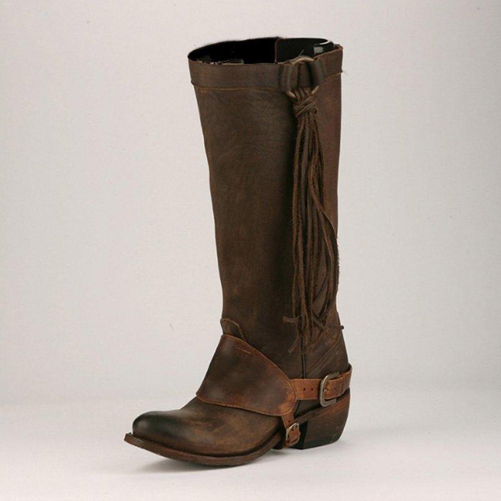 Blaudonau- Damen Vintage Quaste Knot Kniehohe Stiefel