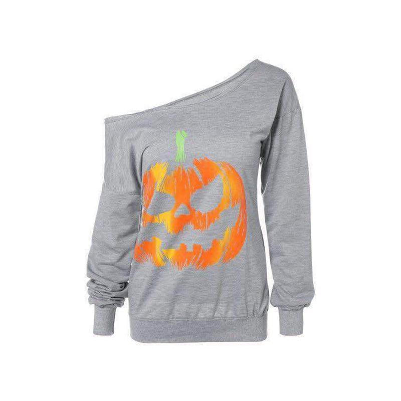 Blaudonau- Damen Halloween Schulterfrei Sweatshirts Grau