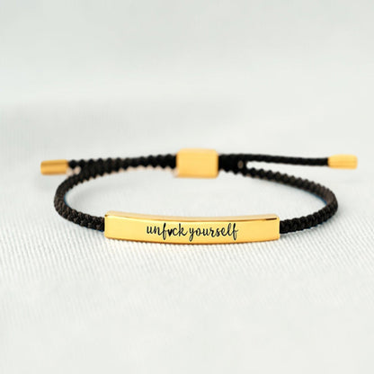 Blaudonau- Armband „UNF CK YOURSELF“ Gold + schwarzes Seil + Karte