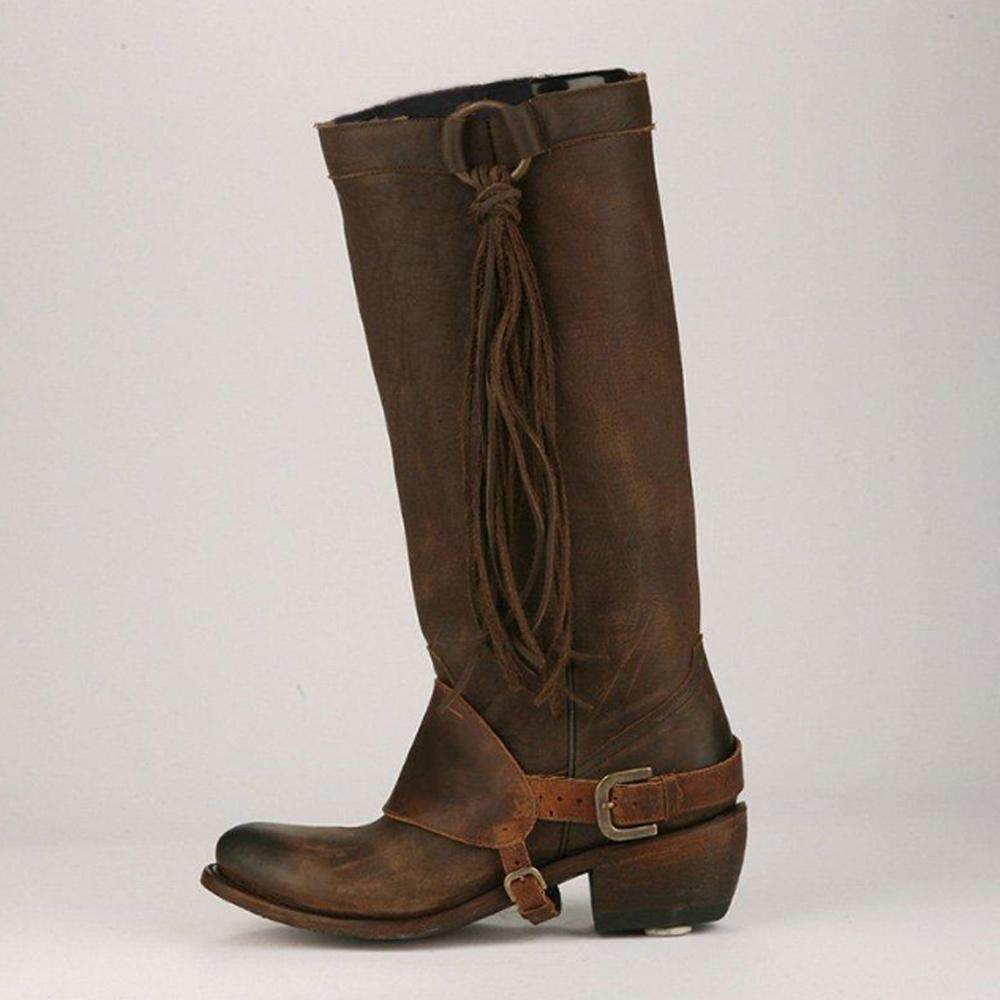 Blaudonau- Damen Vintage Quaste Knot Kniehohe Stiefel